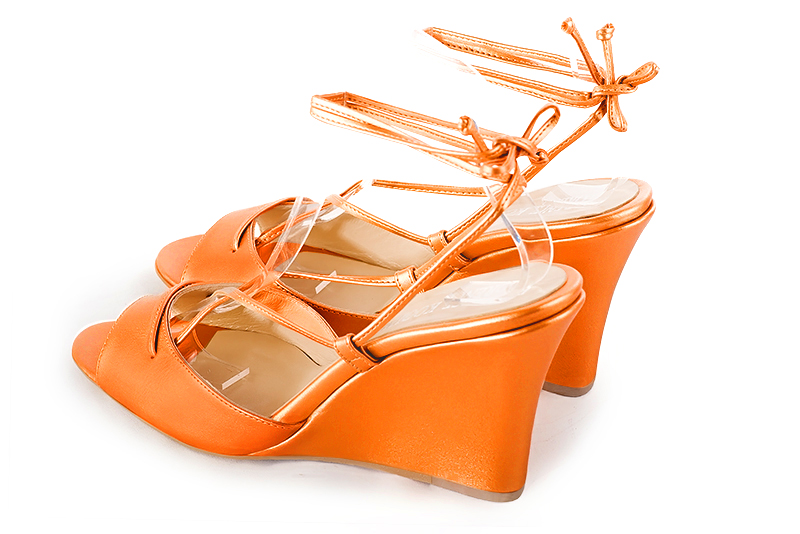 Apricot orange women's open back sandals, with crossed straps. Round toe. High wedge heels. Rear view - Florence KOOIJMAN